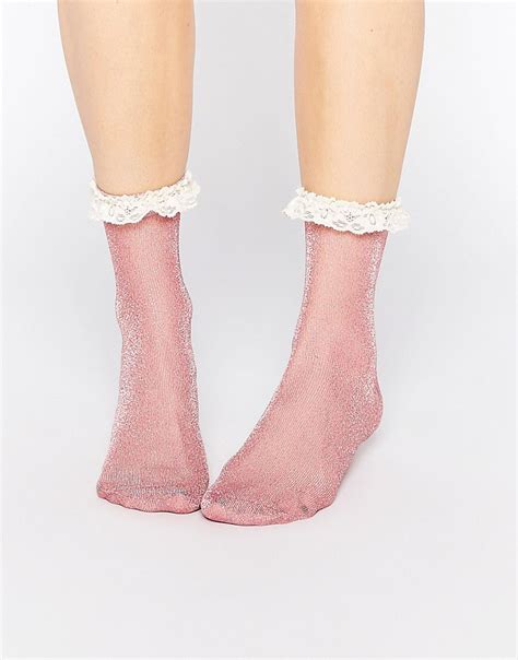 Asos Glitter Lace Trim Ankle Socks At Asos Com In Ankle Socks