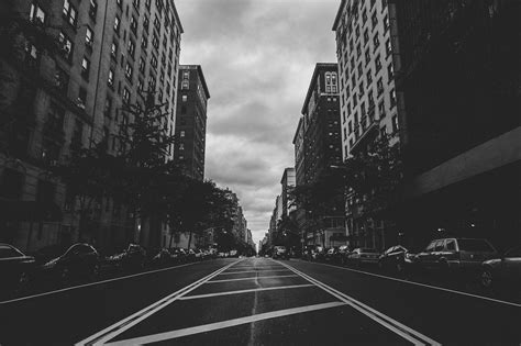 Grayscale Photography Of High Rise Building Lined Road City Street Hd