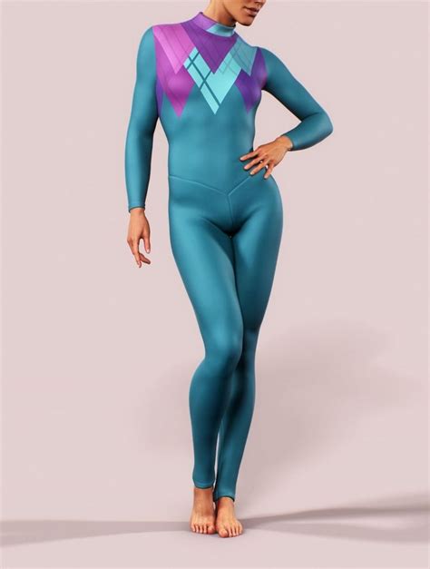 Turquoise Long Sleeve Bodysuit Workout Jumpsuit Blue Geometry Etsy Long Sleeve Bodysuit