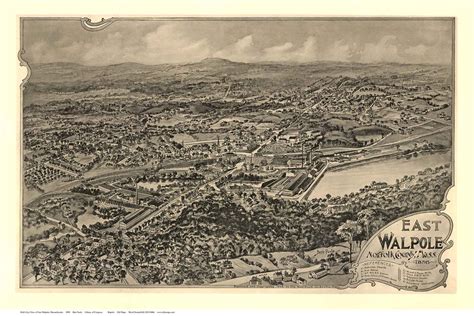 East Walpole Massachusetts 1898 Birds Eye View Old Map Reprint