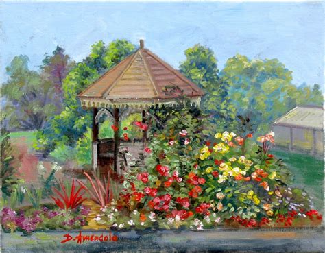 Gazebo With Flowers Flowers Garden Landscape Oil