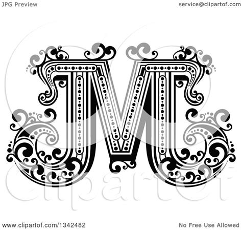 Clipart Of A Retro Black And White Capital Letter M With Flourishes