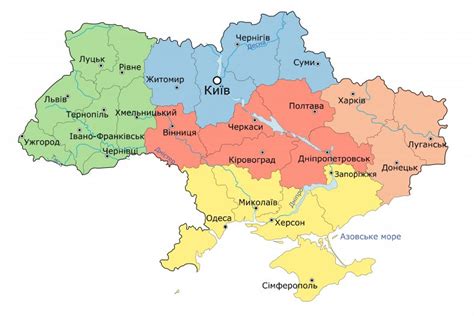 Схематически обозначены все 24 области, а также районы с административными центрами. Карта Украины с городами и регионами. Где находится ...