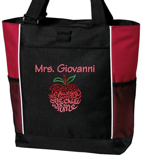 Personalized Teacher Tote Bag Embroidered With Name And Apple Etsy