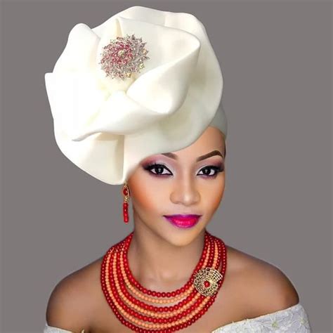 2018 Nigerian Gele Headtie With Beads Already Made Auto Hele Turban Cap Aso Oke Headtie With