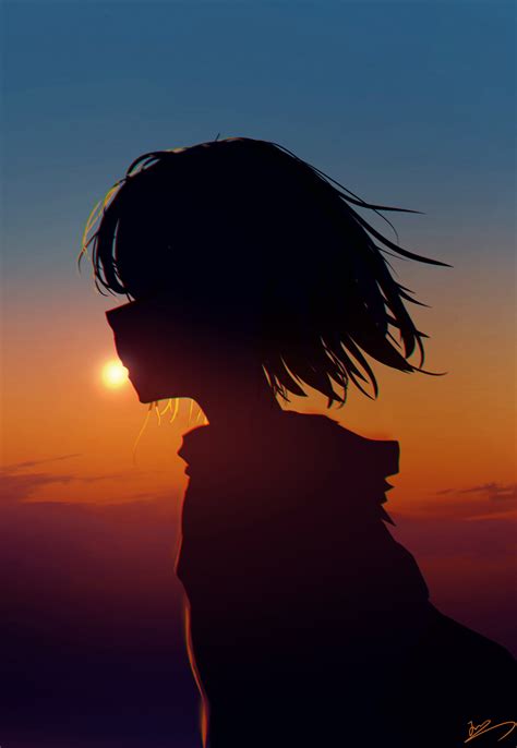 Huashijw Profile Anime Anime Girls Side View Silhouette Sunset