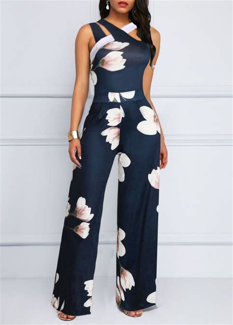 navy blue sleeveless floral print jumpsuit fashion romper fashion floral print jumpsuit