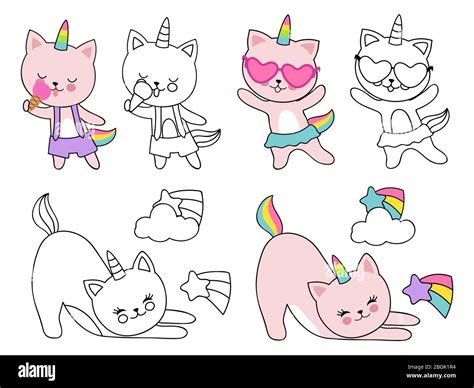 Dibujos Animados Personajes Gatos Unicornio Vector Ilustración