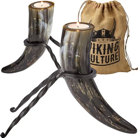 Viking Culture Horn Tealight Candle Holder Set With Wrought Iron Stands