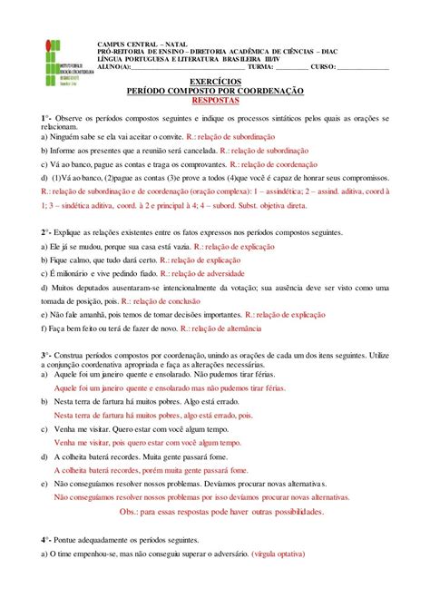 Exercícios Sobre Orações Coordenadas Com Gabarito Recanto Das Letras