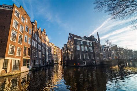 Amsterdam Netherlands Dancing Houses Over Amstel River Stock Image