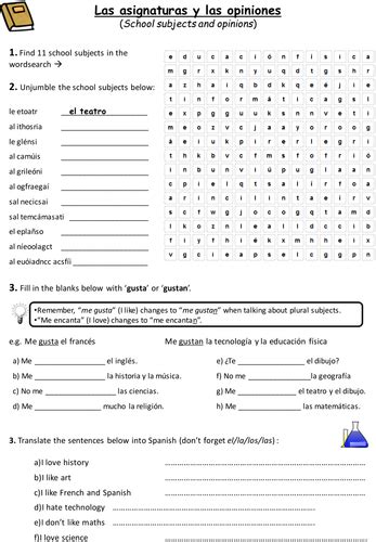 Ks3 Spanish Opinions On School Subjects Worksheet Teaching Resources