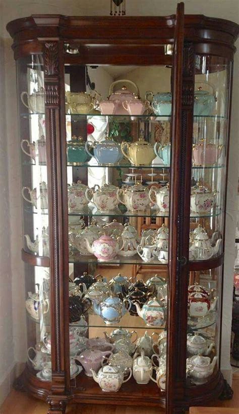 Awesome Teapot Collection In A Vintage Curved Display Cabinet Bebe