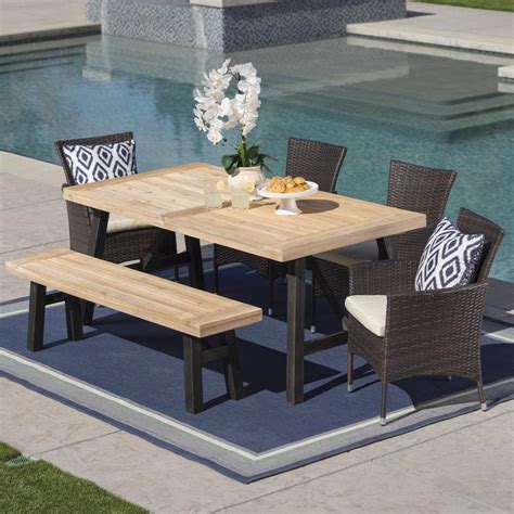 Noble House 6-Piece Wicker, Wood and Iron Rectangular Outdoor Dining ...