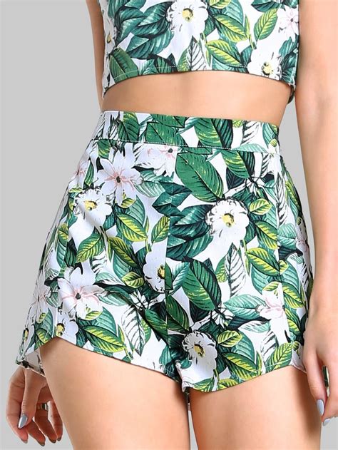 Floral Print High Waist Shorts Green Multi Sheinsheinside