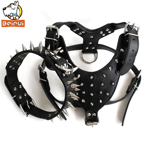 Black New Design Spiked Leather Dog Harnessandcollar Set For Pitbull