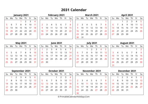 2031 Yearly Calendar Week Starts Sunday