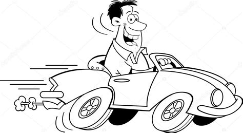 Cartoon Man Driving A Car Black And White Line Art Stock Vector Image