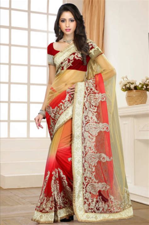 Buy Beige And Red Embroidered Net Saree With Blouse Online