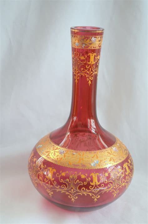 Moser Art Glass Vase Cranberry Gold And Raised Enamel Bohemian 1800s Vic Christiescurios