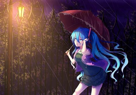 Vocaloid Hatsune Miku Twintails Rain Umbrella Wallpaper Anime