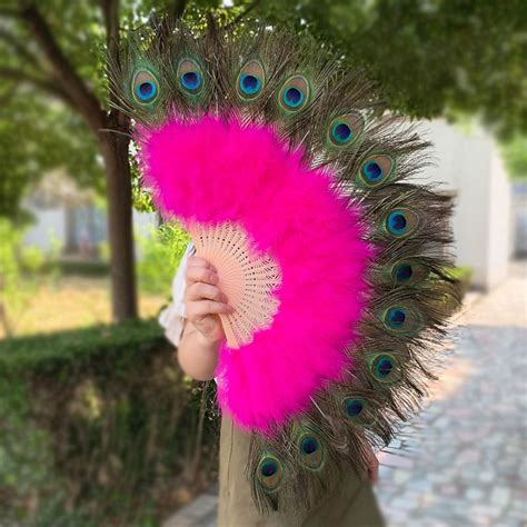 2614inch Large Peacock Feather Hand Fans White Marabou Etsy