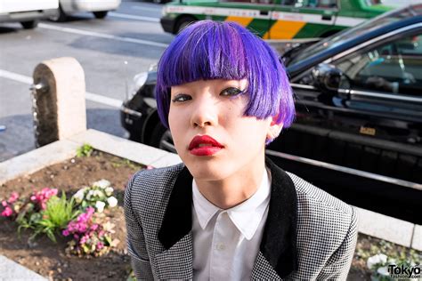 Purple Bob Hairstyle And Red Lipstick Tokyo Fashion