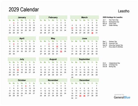 Holiday Calendar 2029 For Lesotho Sunday Start