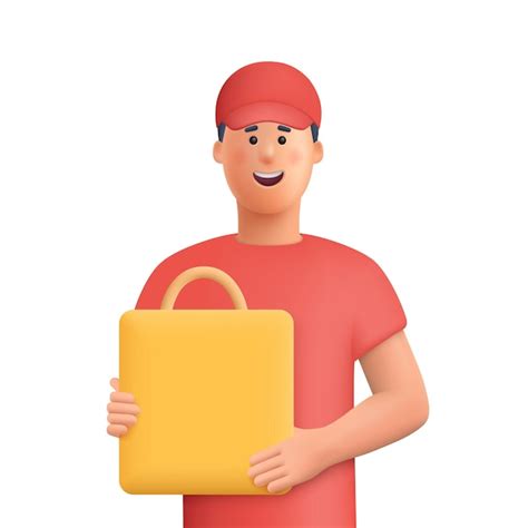 Premium Vector Delivery Courier Man In Red Uniform With Shopping Bag