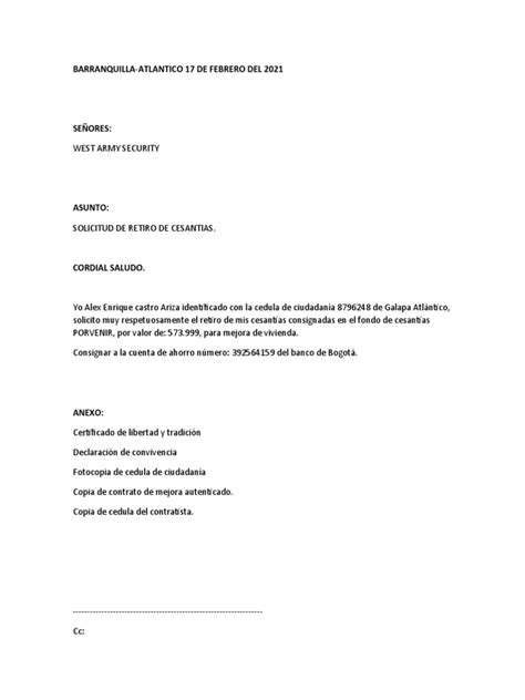 Carta De Solicitud De Afiliacion A Cesantias Images And Photos Finder