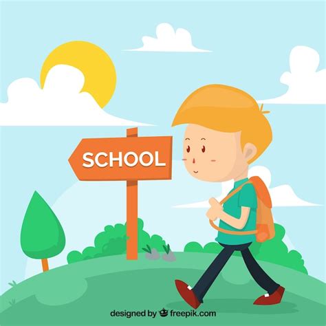 Boy With Backpack Walking To The School Vector Free Download