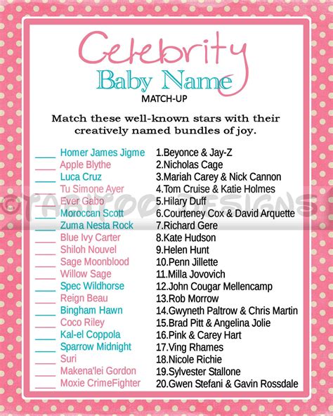 Celebrity Baby Name Match Up Game Baby Shower By Tabitoodesigns