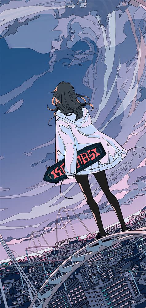 1080x2280 Skyline Anime Girl Skateboard 5k One Plus 6huawei P20honor