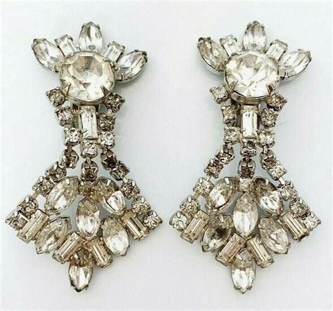 Vintage Diamond RHINESTONE Clip On Flower EARRINGS Dangle COSTUME Retro
