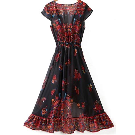 Summer V Neck Vintage Boho Long Maxi Floral National Chiffon Dress Vintage Summer Dresses
