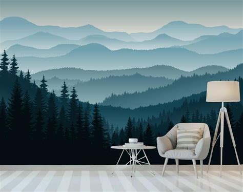 3d Mountain Mural Wallpaper Ombre Blue Mountain Pine Forest Trees Peel