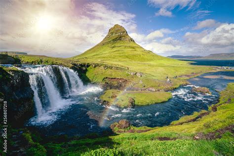 Breathtaking Sunrise Over Kirkjufell Mountain Landscape And Waterfall In Iceland Summer