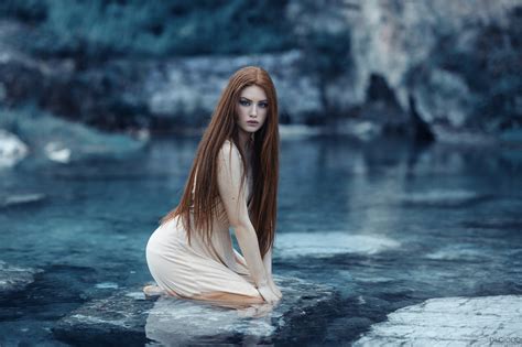 Wallpaper Women Outdoors Redhead Fantasy Girl Sea Long Hair Water Rock Looking At