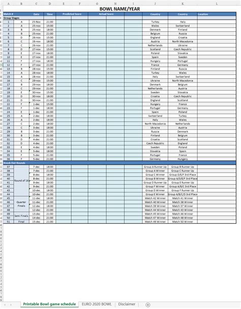Bowl Game Printable Schedule