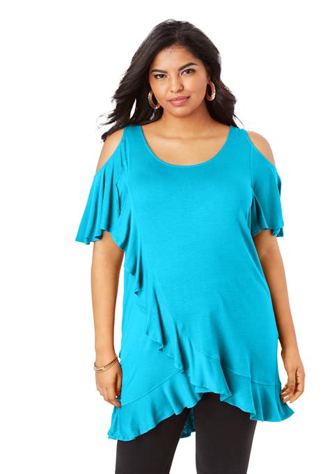 Roamans Womens Plus Size Cold Shoulder Ruffle Tunic With Flutter Sleeves Long Shirt