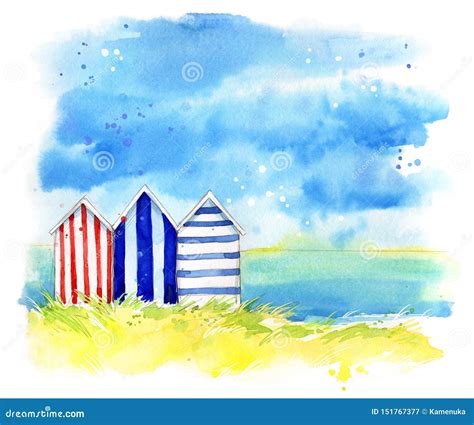 Beach Huts By The Sea Watercolor Painting Royalty Free Stock