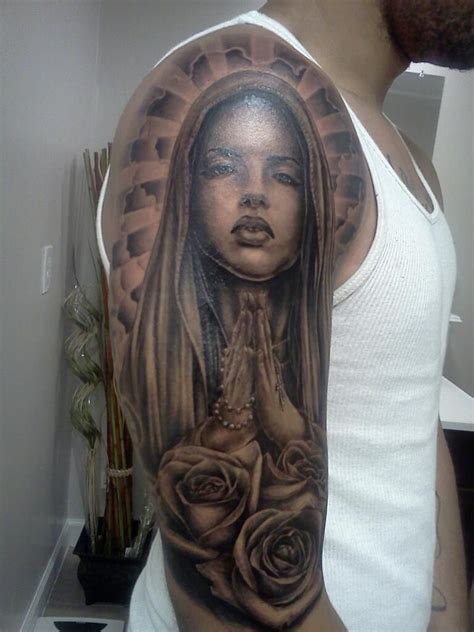 Grey Rose Flowers And Virgin Mary Tattoo On Man Right Half Sleeve Mary Tattoo Virgin Mary