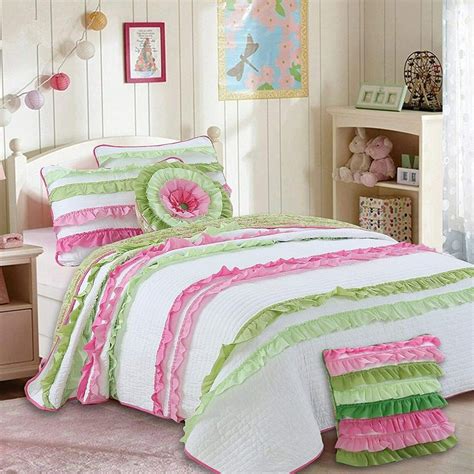 Cozy Line Pink Green Chic Ruffles Girl 100 Cotton Reversible Quilt