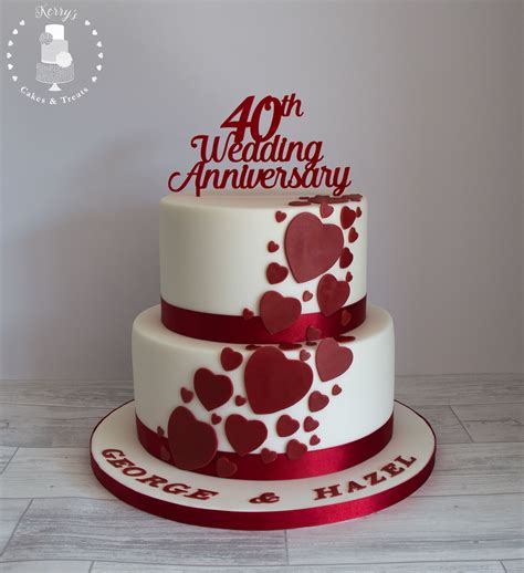 40th (Ruby) Wedding Anniversary cake. White with ruby red cascading