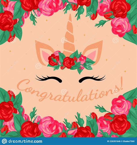 Greeting Card With Unicorn And Roses Stock Vector Illustration Of