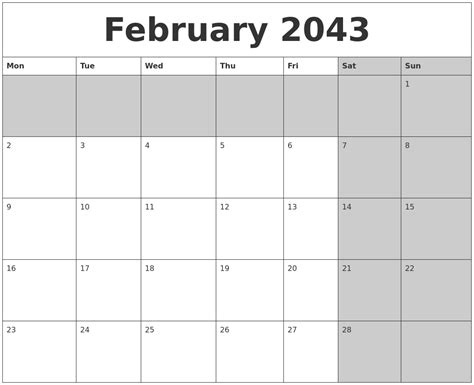 February 2043 Calanders