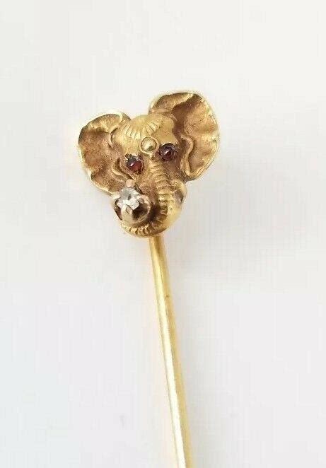 Antique Victorian Edwardian Solid Gold Elephant Stick Pin With Diamond