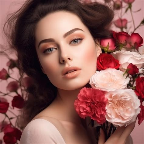 Premium Ai Image Attractive Brunette Girl With Big Beautiful Bouquet Of Flowers Beautiful