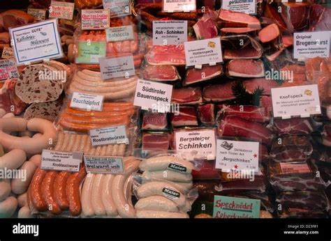 Germany Sausages On Display In Munich Butchers Shop Near The