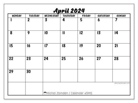 April 2024 Printable Calendar “45ms” Michel Zbinden Gy